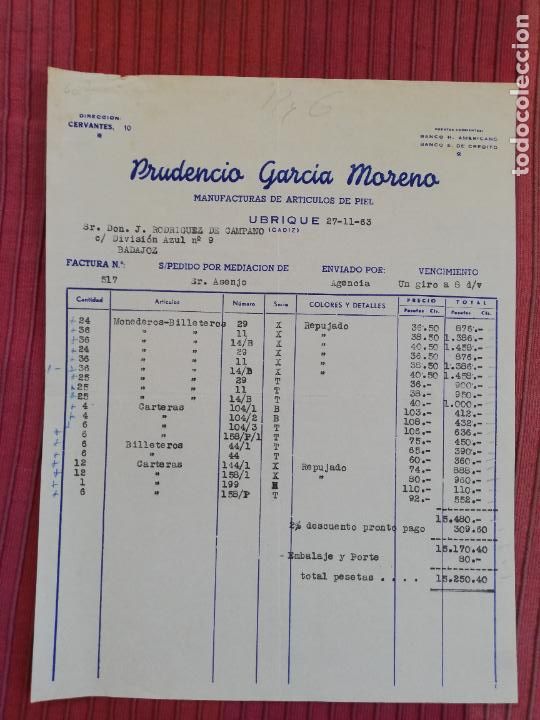 Facturas antiguas: FACTURA. MANUFACTURAS DE ARTICULOS DE PIEL. PRUDENCIO GARCIA MORENO. UBRIQUE, CADIZ. 1963.