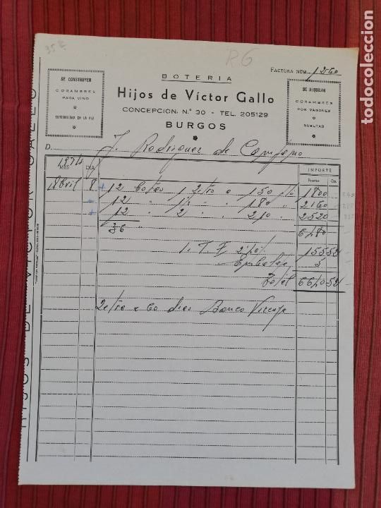 Facturas antiguas: FACTURA. BOTERIA. HIJOS DE VICTOR GALLO. BURGOS, 1974.