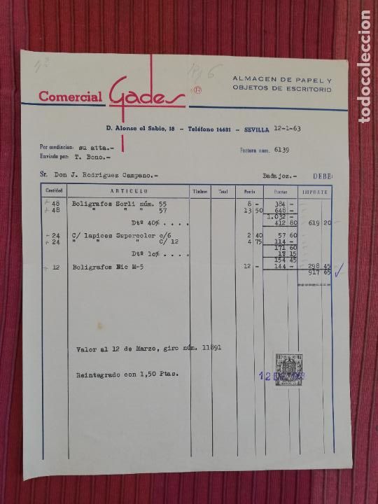 Facturas antiguas: FACTURA. ALMACEN DE PAPEL Y OBJETOS DE ESCRITORIO. COMERCIAL GADES. SEVILLA. 1963.