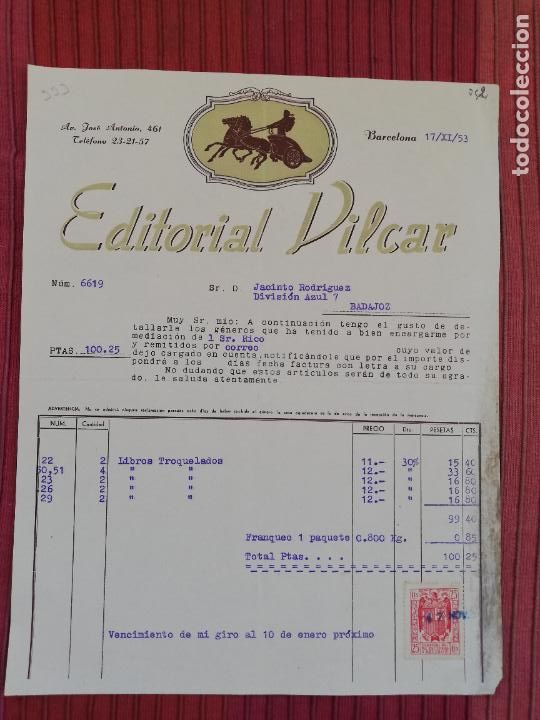 Facturas antiguas: FACTURA. EDITORIAL VILCAR. BARCELONA, 1953.
