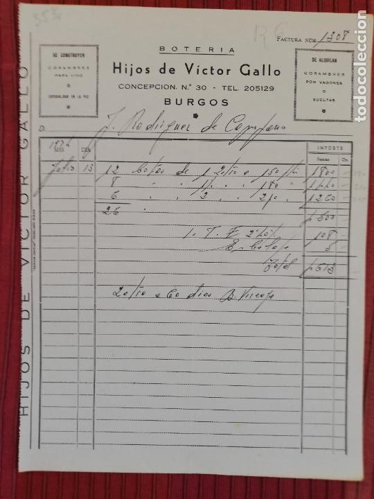 Facturas antiguas: FACTURA. BOTERIA. HIJOS DE VICTOR GALLO. BURGOS, 1974.