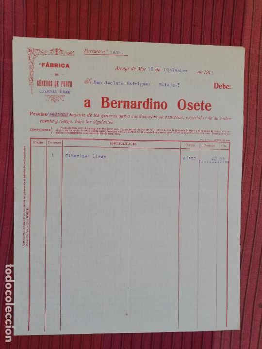 Facturas antiguas: FACTURA. FABRICA DE GENEROS DE PUNTO. BERNARDINO OSETE. ARENYS DE MAR, BARCELONA, 1915.
