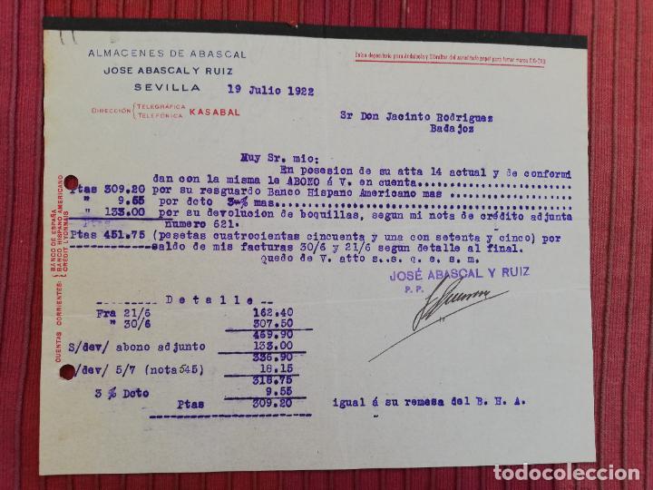 Facturas antiguas: FACTURA. ALMACENES DE ABASCAL. JOSE ABASCAL Y RUIZ. SEVILLA, 1922. - Foto 1