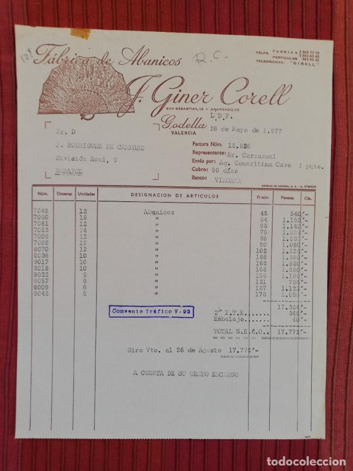 Facturas antiguas: FACTURA. FABRICA DE ABANICOS. G. GINER CORELL. GODELLA, VALENCIA, 1977.