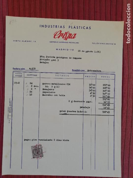 Facturas antiguas: FACTURA. INDUSTRIAS PLASTICAS. CRISNA. ANTONIO SERRANO PEDRAJAS. MADRID, 1963.