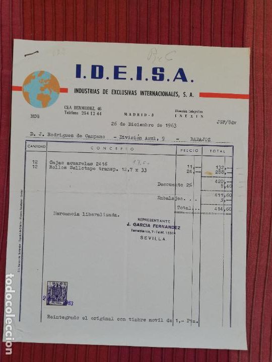Facturas antiguas: FACTURA. INDUSTRIAS DE EXCLUSIVAS INTERNACIONALES, S.A. I.D.E.I.S.A. MADRID, 1963.