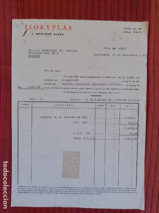Facturas antiguas: FACTURA. FLORKYPLAS. I. MARTINEZ ALEDO. ALICANTE, 1972.