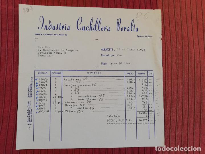 Facturas antiguas: FACTURA. INDUSTRIA CUCHILLERIA PERALTA. FABRICA Y ALMACEN. ALBACE, 1972.