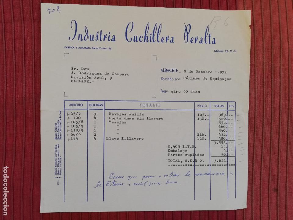 Facturas antiguas: FACTURA. INDUSTRIA CUCHILLERIA PERALTA. FABRICA Y ALMACEN. ALBACE, 1972.