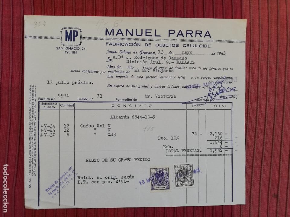 Facturas antiguas: FACTURA. FABRICACION DE OBJETOS CELULOIDE. MANUEL PARRA. SANTA COLOMA DE GRAMANET, BARCELONA, 1963.