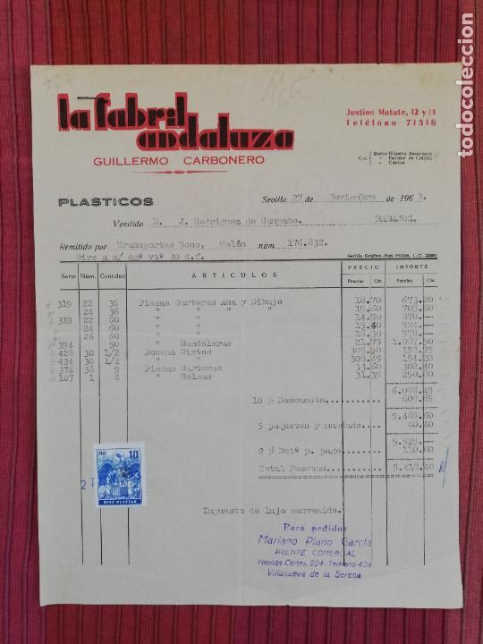 Facturas antiguas: FACTURA. LA FABRIL ANDALUZA. GUILLERMO CARBONERO. SEVILLA. 1963.