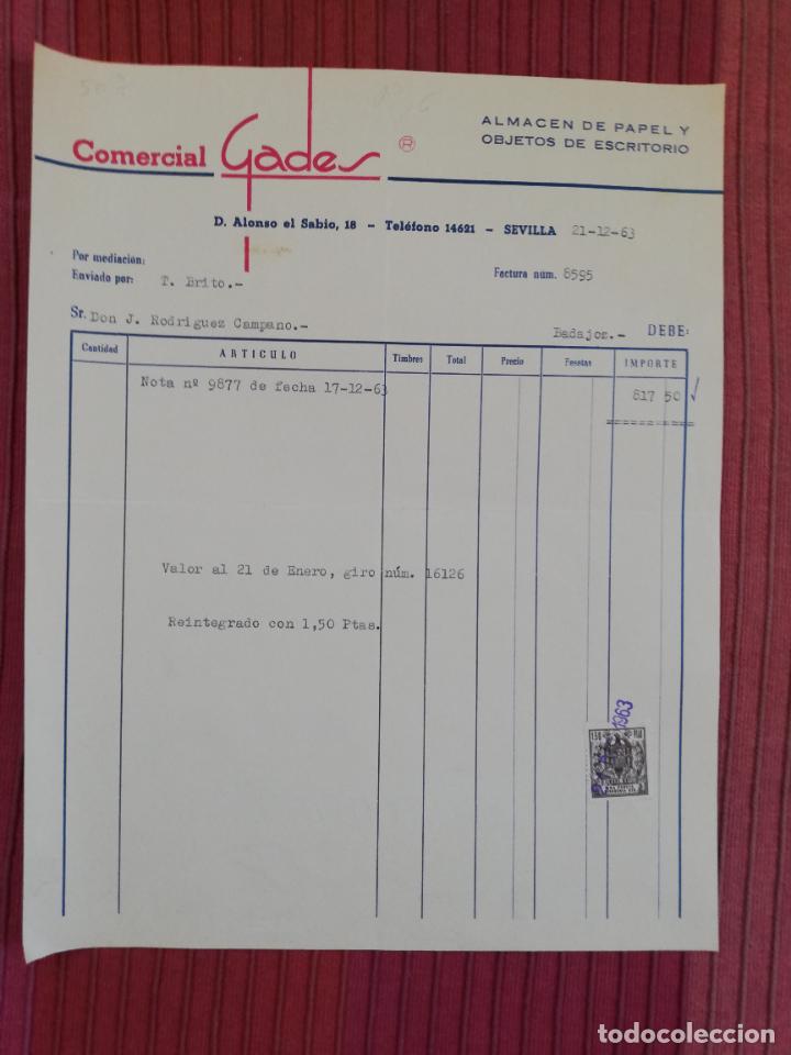 Facturas antiguas: FACTURA. ALMACEN DE PAPEL Y OBJETOS DE ESCRITORIO. COMERCIAL GADES. SEVILLA. 1963.