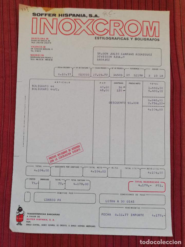 Facturas antiguas: FACTURA. ESTILOGRAFICAS-BOLIGRAFOS INOXCROM. SOFFER HISPANIA RG. BARCELONA, 1977.