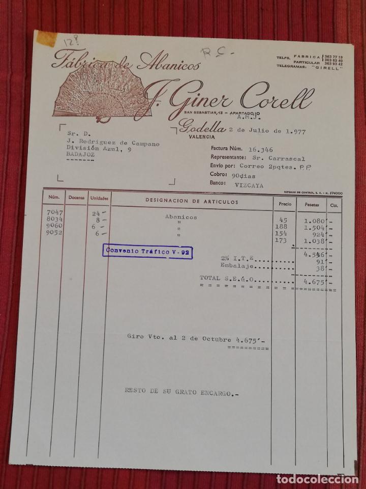 Facturas antiguas: FACTURA. FABRICA DE ABANICOS. G. GINER CORELL. GODELLA, VALENCIA, 1977.