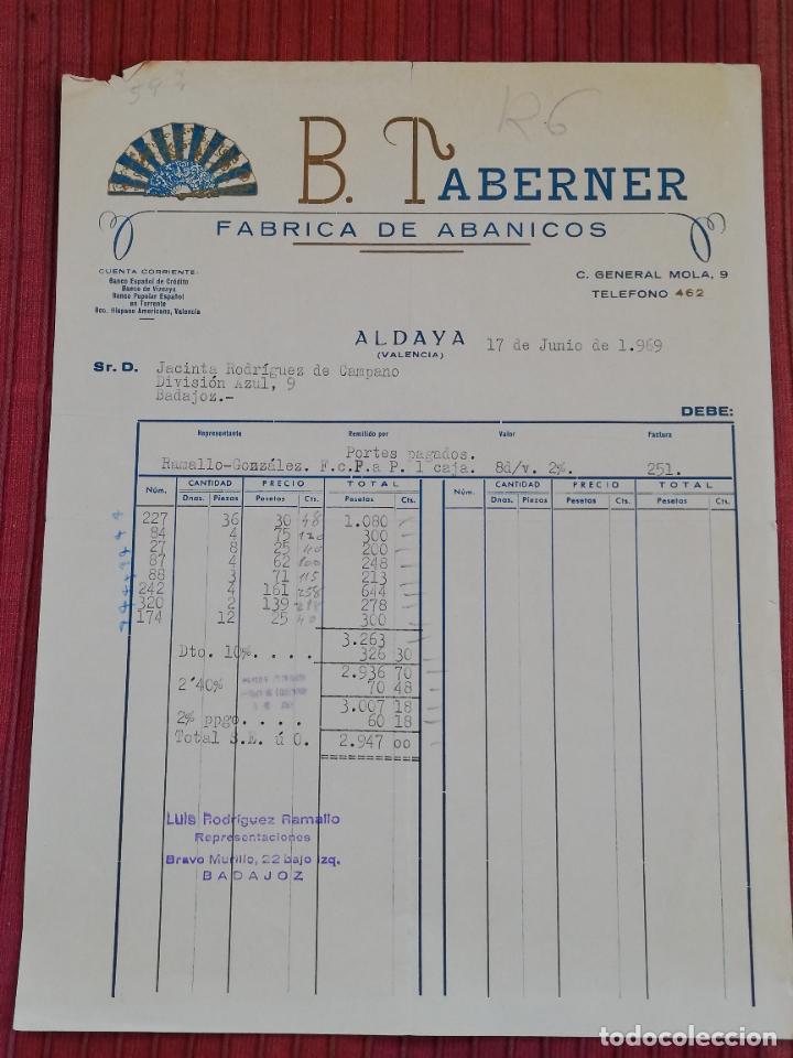 Facturas antiguas: FACTURA. FABRICA DE ABANICOS. B. TABERNER. ALDAYA, VALENCIA, 1969.
