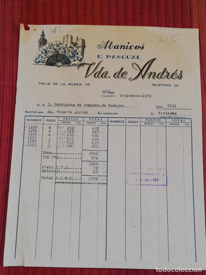Facturas antiguas: FACTURA. ABANICOS, E. PASCUAL. VDA. DE ANDRES. ALDAYA, VALENCIA, 1972.