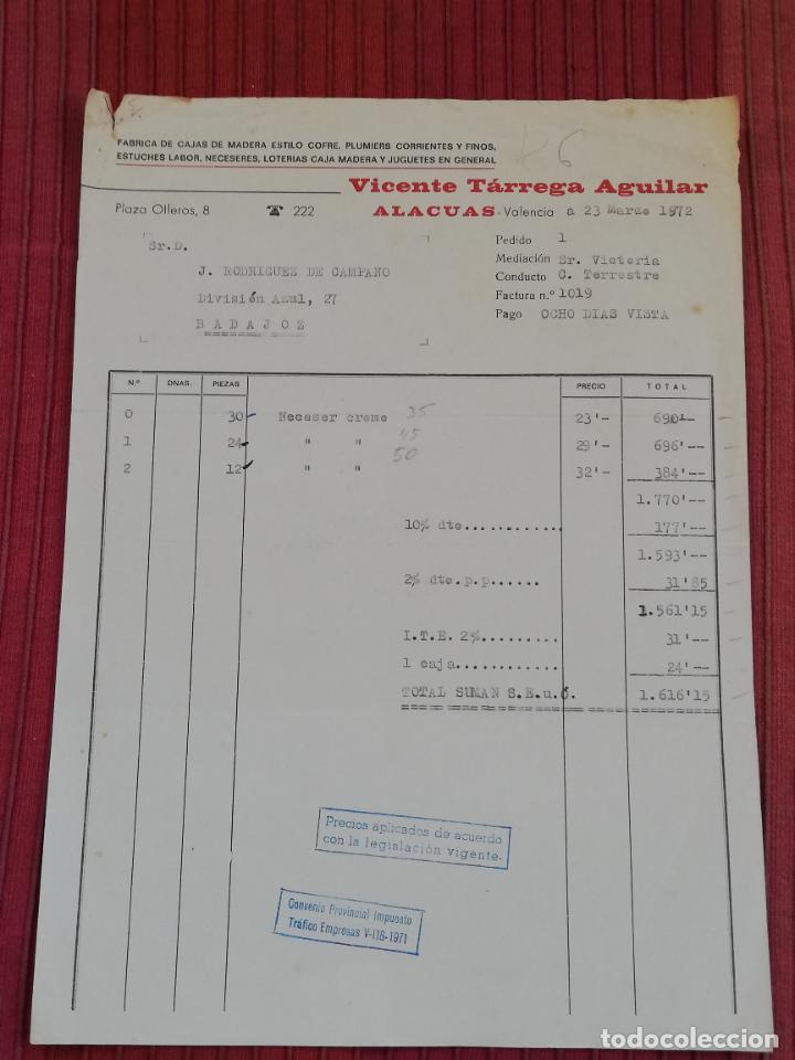 Facturas antiguas: FACTURA. FABRICA DE CAJAS DE MADERA. VICENTE TARREGA AGUILAR. ALACUAS, VALENCIA, 1972.