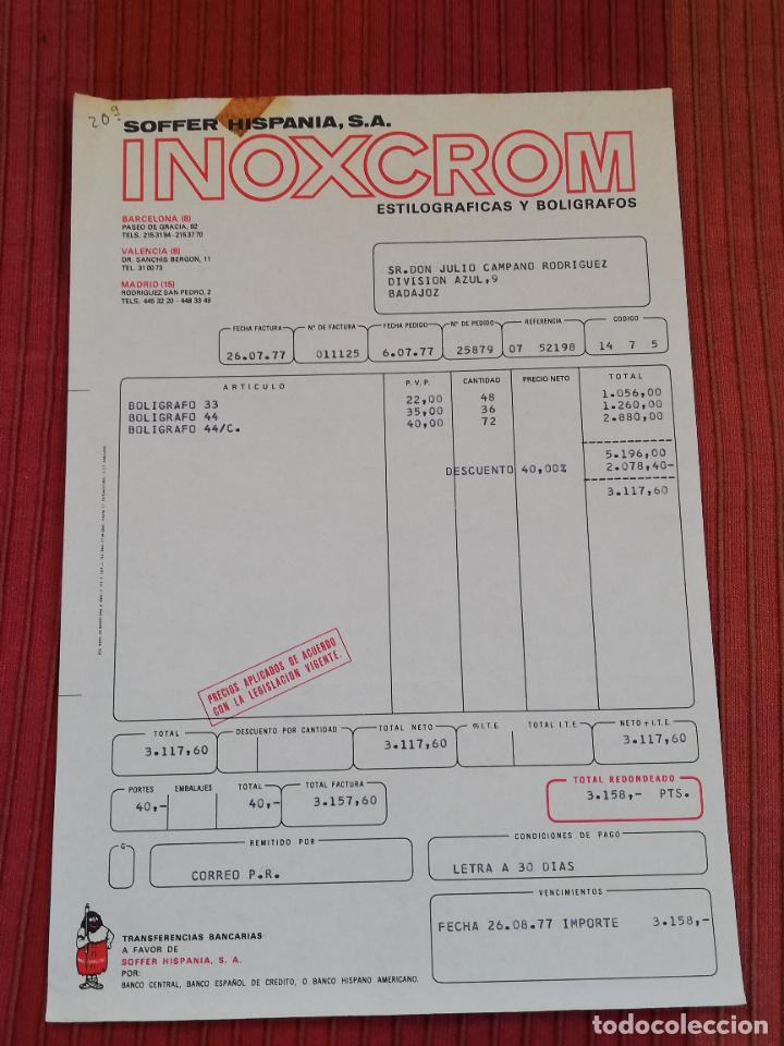 Facturas antiguas: FACTURA. ESTILOGRAFICAS-BOLIGRAFOS INOXCROM. SOFFER HISPANIA S.A. BARCELONA, 1977.