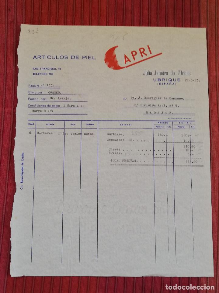 Facturas antiguas: FACTURA. ARTICULOS DE PIEL. CAPRI. JULIA JANEIRO DE MEJIAS. UBRIQUE, CADIZ, 1963.