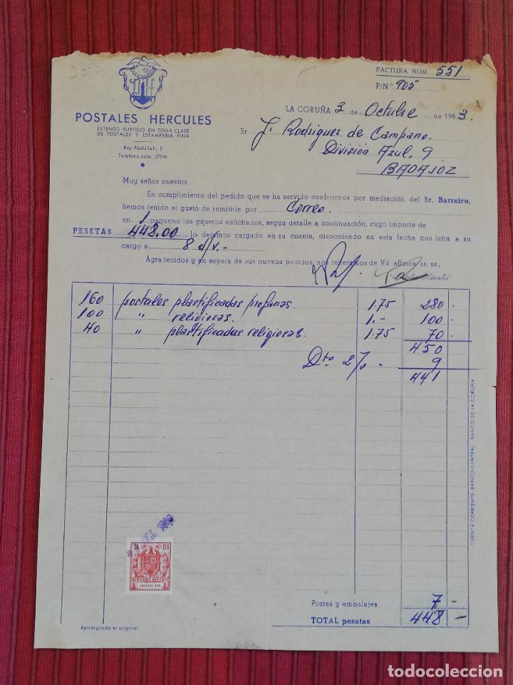 Facturas antiguas: FACTURA. POSTALES HERCULES. LA CORU&Ntilde;A, 1963.