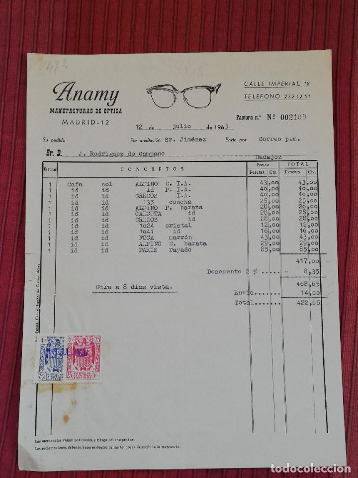 Facturas antiguas: FACTURA. ANAMY. MANUFACTURAS DE OPTICA. MADRID, 1963.