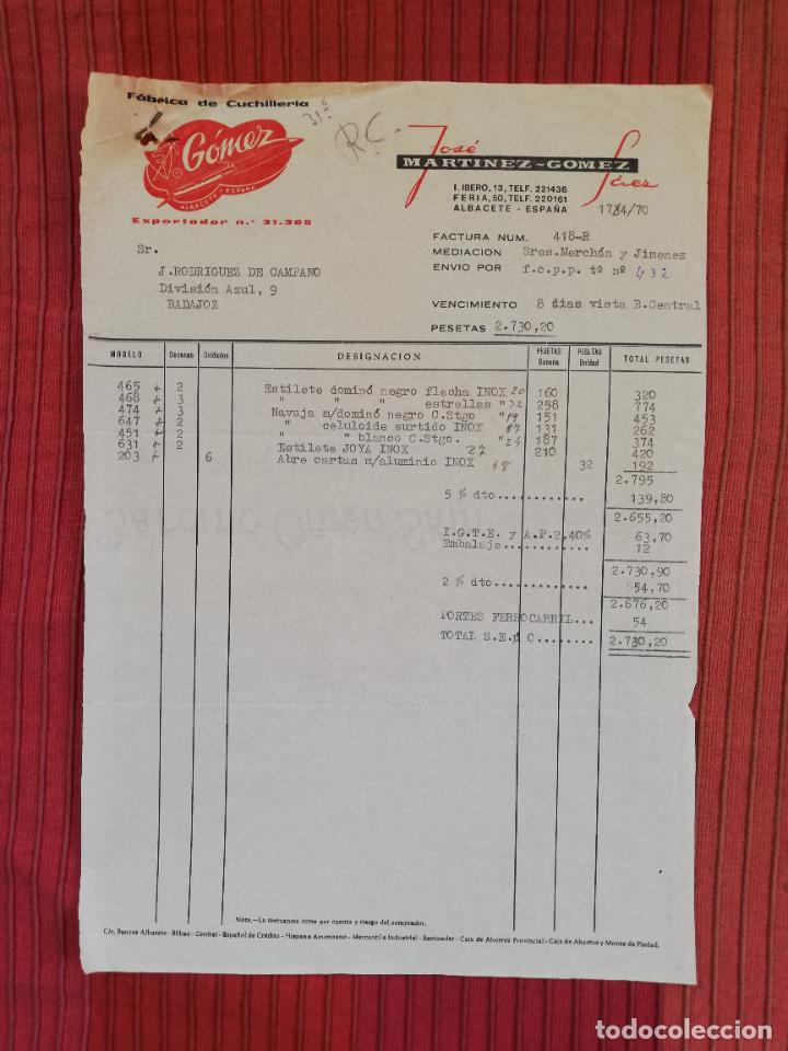 Facturas antiguas: FACTURA. FABRICA DE CUCHILLERIA, GOMEZ. JOSE MARTINEZ-GOMEZ. ALBACETE, 1970.