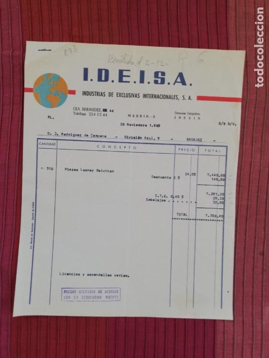 Facturas antiguas: FACTURA. INDUSTRIAS DE EXCLUSIVAS INTERNACIONALES, S.A. I.D.E.I.S.A. MADRID, 1969.