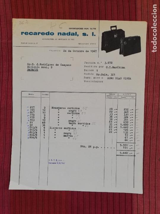 Facturas antiguas: FACTURA. MANUFACTURA DE ARTICULOS DE PIEL. RECADERO NADAL, S. L. VALENCIA, 1967.