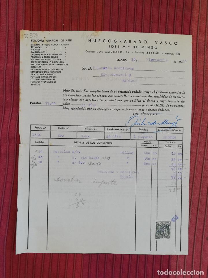 Old Invoices: FACTURA. EDICIONES GRAFICAS DE ARTE. HUECOGRABADO VASCO. JOSE M&ordf;. DE MINGO. MADRID, 1958.