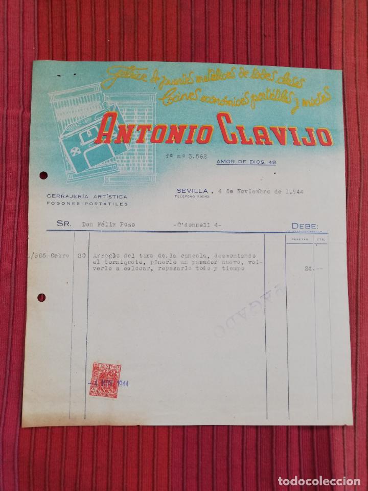 Facturas antiguas: FACTURA. FABRICA DE PUERTAS METALICAS-COCINAS ECONOMICAS. AMTONIO CLAVIJO. SEVILLA, 1944.