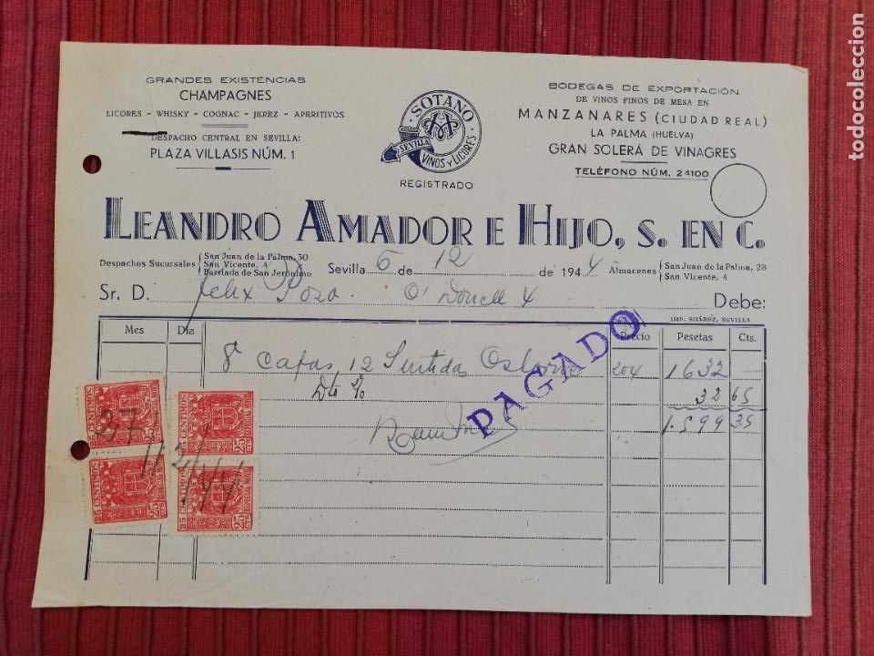 Facturas antiguas: FACTURA. BODEGAS DE EXPORTACION DE VINOS FINOS DE MESA. LEANDRO AMADOR E HIJO. SEVILLA, 1944.