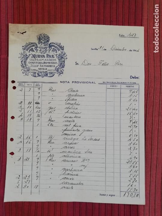 Facturas antiguas: FACTURA. ULTRAMARINOS. CONFITERIA Y BOMBONERIA. NUEVA PAZ. JUAN ALFONSECA. SEVILLA, 1944.