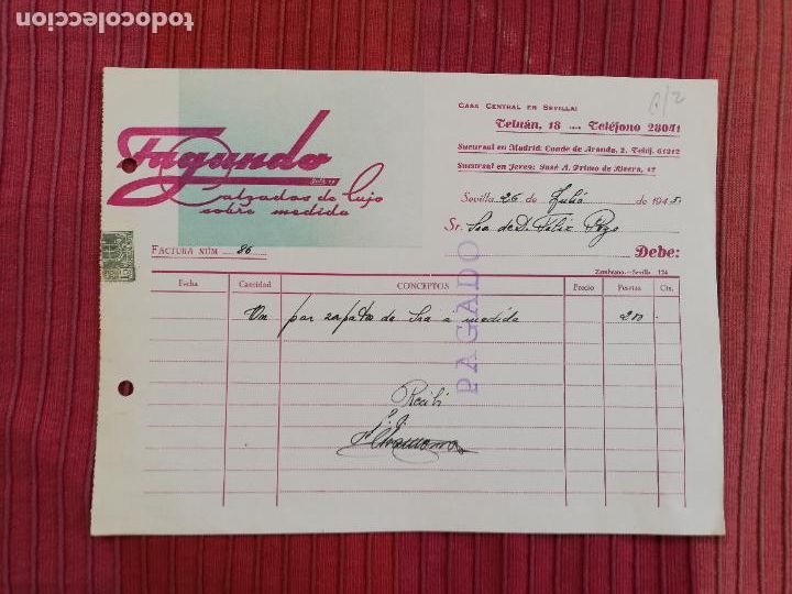 Facturas antiguas: FACTURA. CALZADOS DE LUJO SOBRE MEDIDA. FAGUNDO. SEVILLA, 1945.