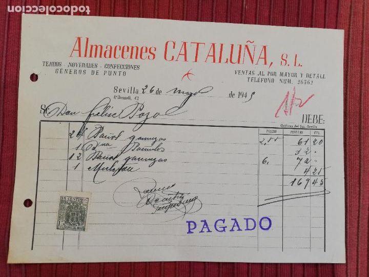 Facturas antiguas: FACTURA. TEJIDOS-NOVEDADES-CONFECCIONES. ALMACENES CATALU&Ntilde;A, S.L. SEVILLA, 1945.