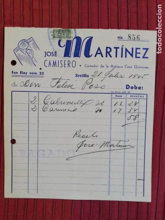 Facturas antiguas: FACTURA. CAMISERO. JOSE MARTINEZ. SEVILLA, 1945.