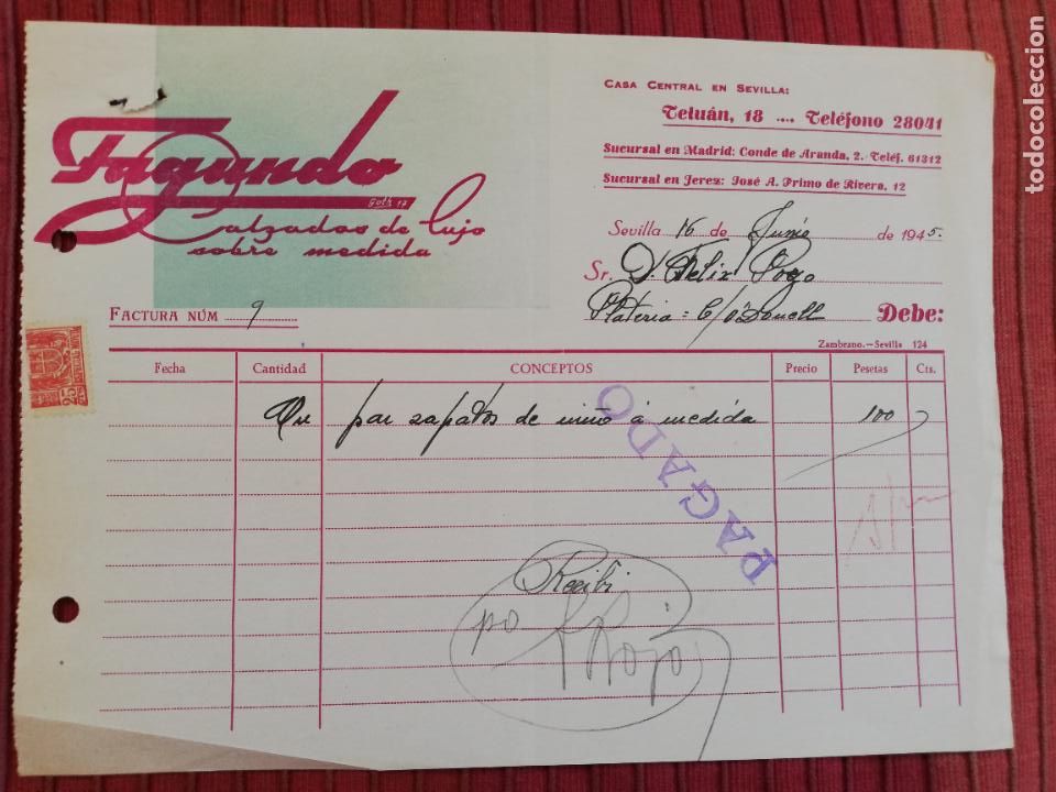 Facturas antiguas: FACTURA. CALZADOS DE LUJO SOBRE MEDIDA. FAGUNDO. SEVILLA, 1945.