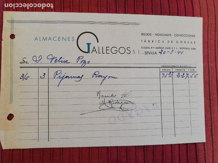 Facturas antiguas: FACTURA. FABRICA DE GORRRAS. TEJIDOS-NOVEDADES-CONFECCIONES. ALMACENES GALLEGOS. SEVILLA, 1944.