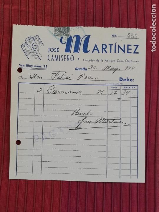 Facturas antiguas: FACTURA. CAMISERO. JOSE MARTINEZ. SEVILLA, 1944.