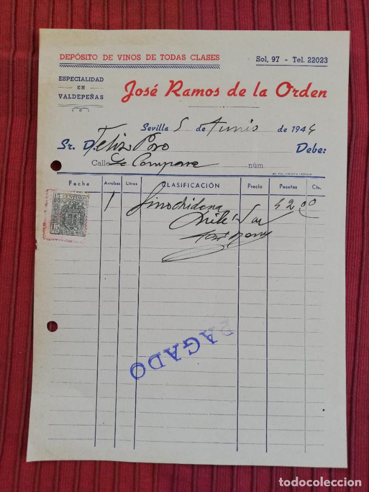 Facturas antiguas: FACTURA. DEPOSITO DE VINOS, VALDEPE&Ntilde;AS. JOSE RAMOS DE LA ORDEN. SEVILLA, 1944.