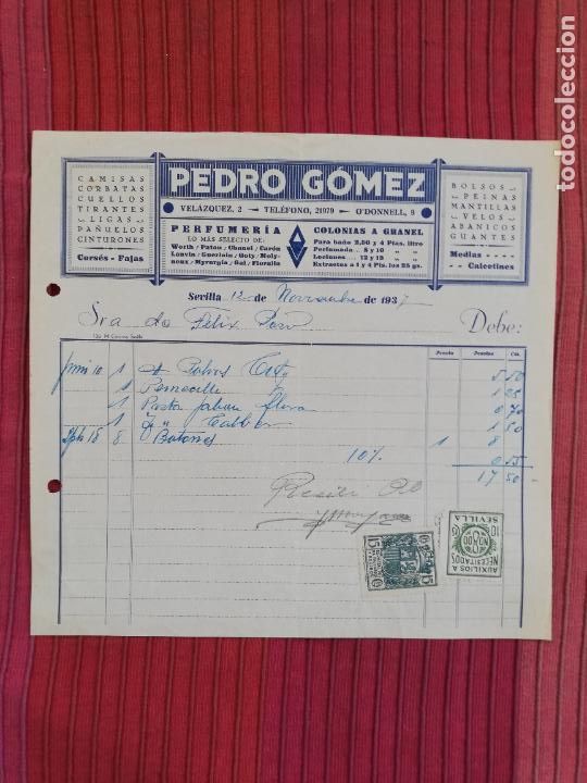 Facturas antiguas: FACTURA. CAMISAS-CORBATAS-CUELLOS. PEDRO GOMEZ. SEVILLA, 1937.