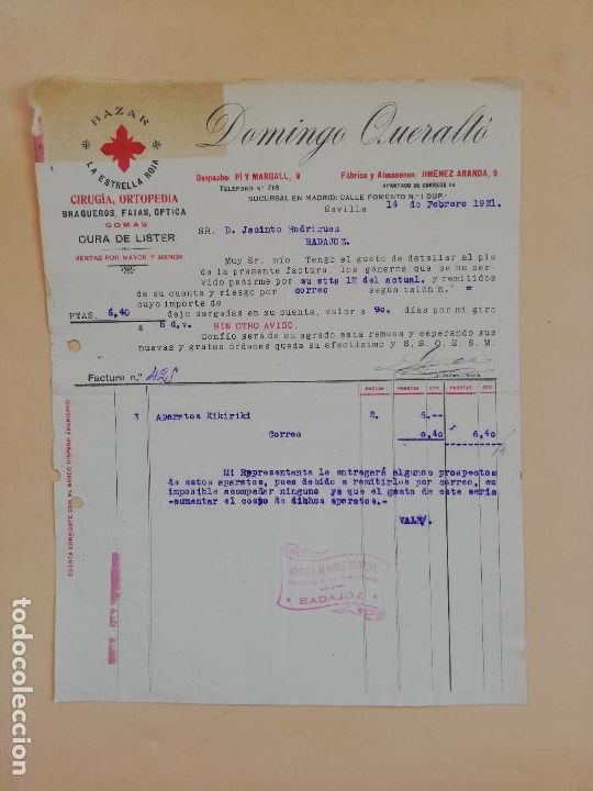 Facturas antiguas: FACTURA. BAZAR LA ESTRELLA ROJA. CIRUGIA-ORTOPEDIA. DOMINGO QUERALTO. SEVILLA, 1921.