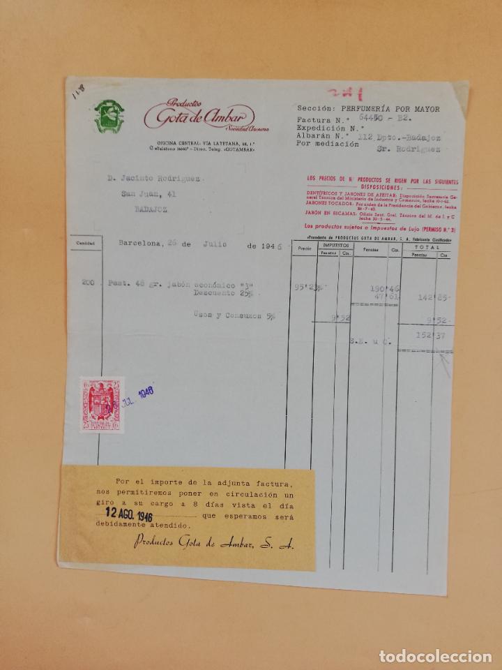 Facturas antiguas: FACTURA. PRODUCTOS GOTA DE AMBAR, S. A. BARCELONA. 1946.