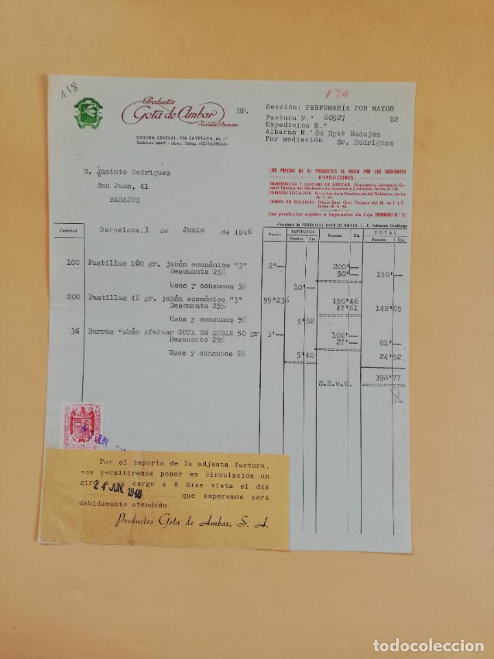 Facturas antiguas: FACTURA. PRODUCTOS GOTA DE AMBAR, S. A. BARCELONA. 1946.