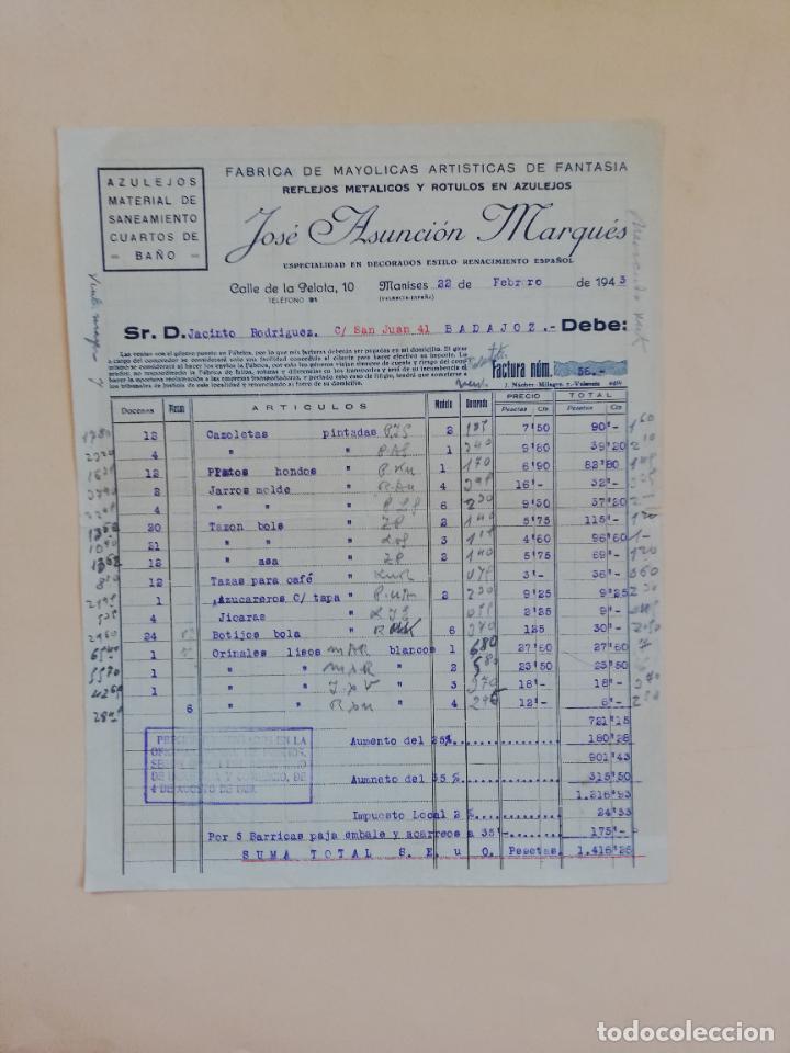 Factures anciennes: FACTURA. FABRICA DE MAYOLICAS. JOSE ASUNCION MARQUES. MANISES, VALENCIA, 1943.
