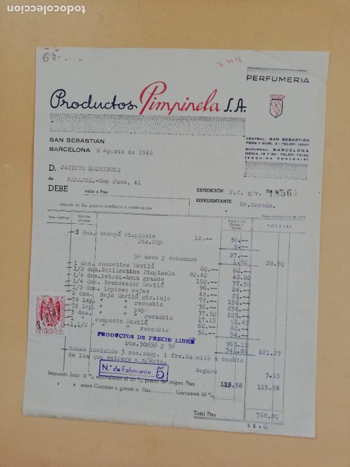 Factures anciennes: FACTURA. PERFUMERIA. PRODUCTOS PIMPINELA, S.A. BARCELONA, 1946.