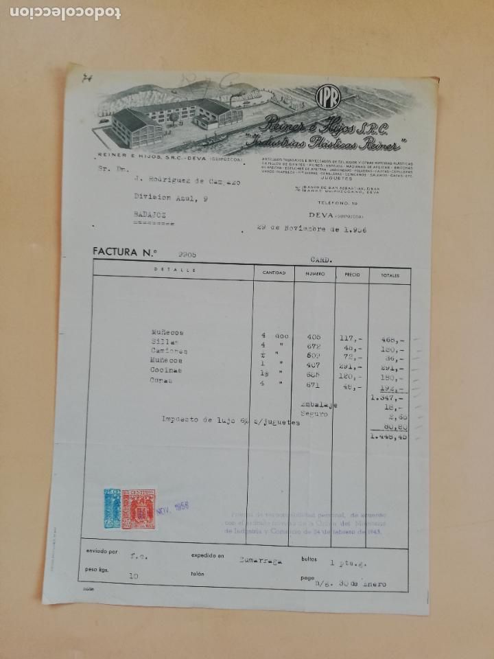 Factures anciennes: FACTURA. INDUSTRIAS PLASTICAS REINER. REINER E HIJOS. DEVA, GUIPUZCOA. 1956.