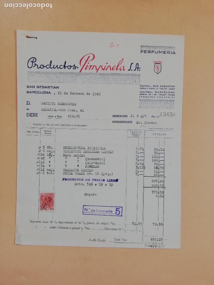 Factures anciennes: FACTURA. PERFUMERIA. PRODUCTOS PIMPINELA, S.A. BARCELONA, 1946.