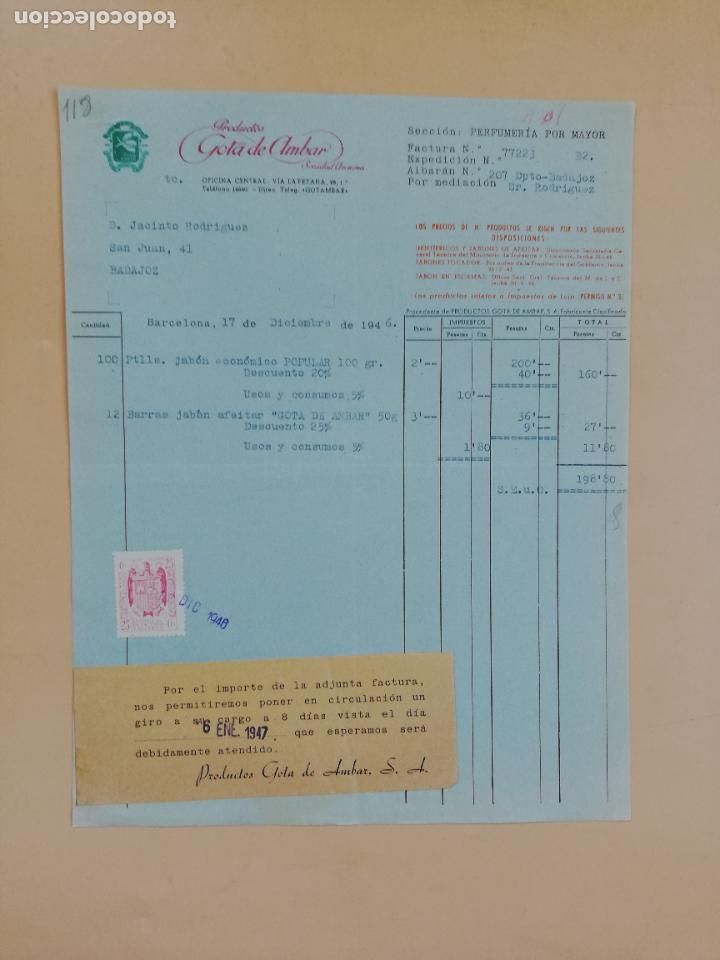 Facturas antiguas: FACTURA. PRODUCTOS GOTA DE AMBAR, S. A. BARCELONA. 1946.