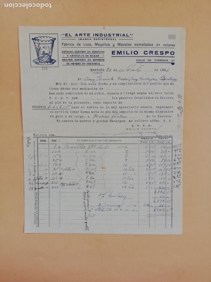 Factures anciennes: FACTURA. FABRICA DE LOZA-MAYOLICA-MACETAS. EL ARTE INDUSTRIAL. EMILIO CRESPO. MANISES, VALENCIA,1943