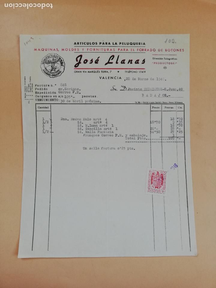Factures anciennes: FACTURA. ARTICULOS PARA LA PELUQUERIA. JOSE LLAMAS. VALENCIA, 1946.